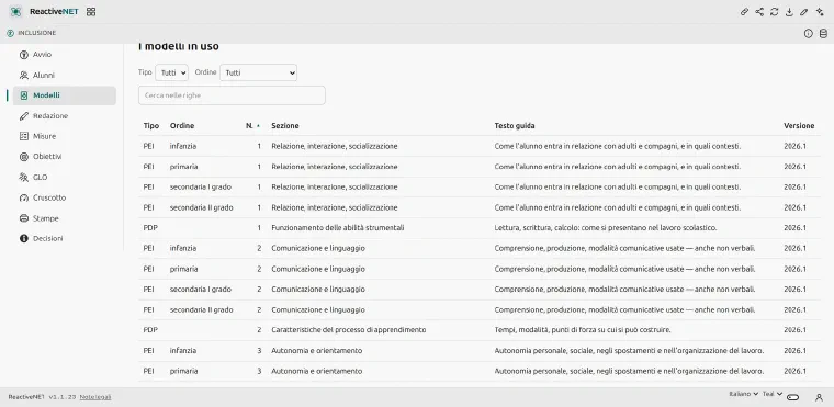 The Templates page: the table of sections by type and school level, with number, section name, guidance text and version.