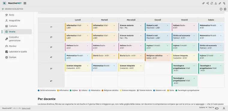 The Timetable page: the weekly grid of class 1A with lessons coloured by subject, the subject legend below it, and the start of the same grid filtered to one teacher.