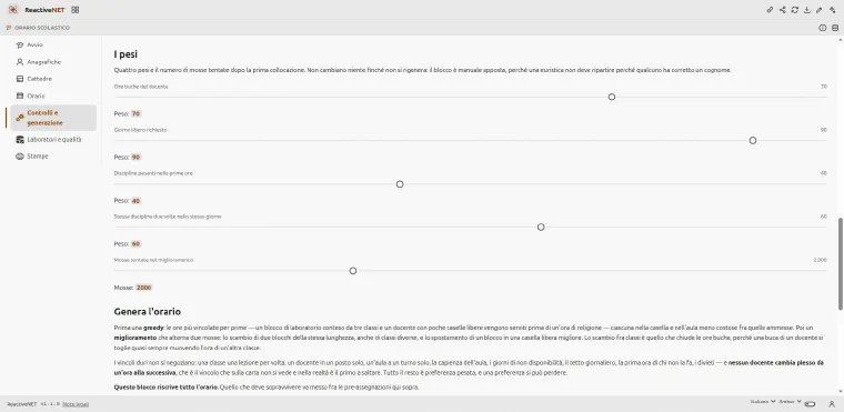 La pagina Controlli e generazione: cinque slider per i pesi del generatore, con il valore corrente accanto a ciascuno.