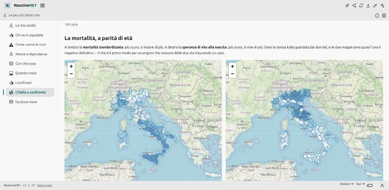 The “Italy compared” page: two side-by-side choropleth maps of the hundred provinces, age-standardised mortality on the left and life expectancy on the right.