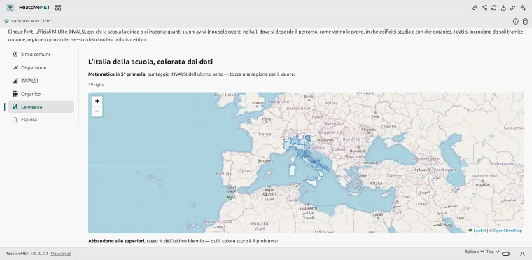The “Map” page: Italy split into regions and shaded by INVALSI mathematics score.