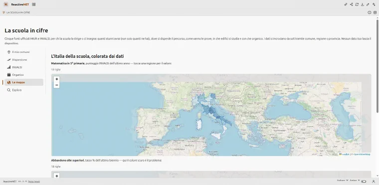 The “Map” page: Italy split into regions and shaded by INVALSI mathematics score.