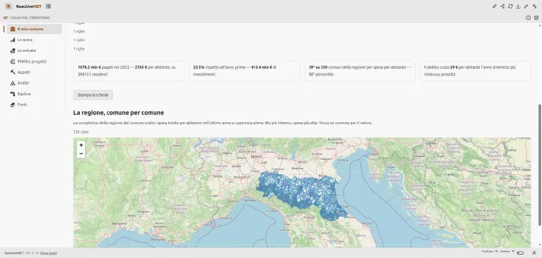 La coropletica dei comuni dell'Emilia-Romagna colorata per spesa per abitante.