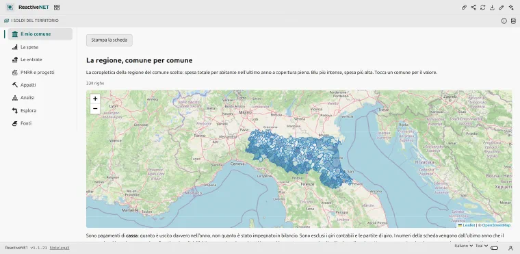 A choropleth of Emilia-Romagna's municipalities shaded by spending per resident.