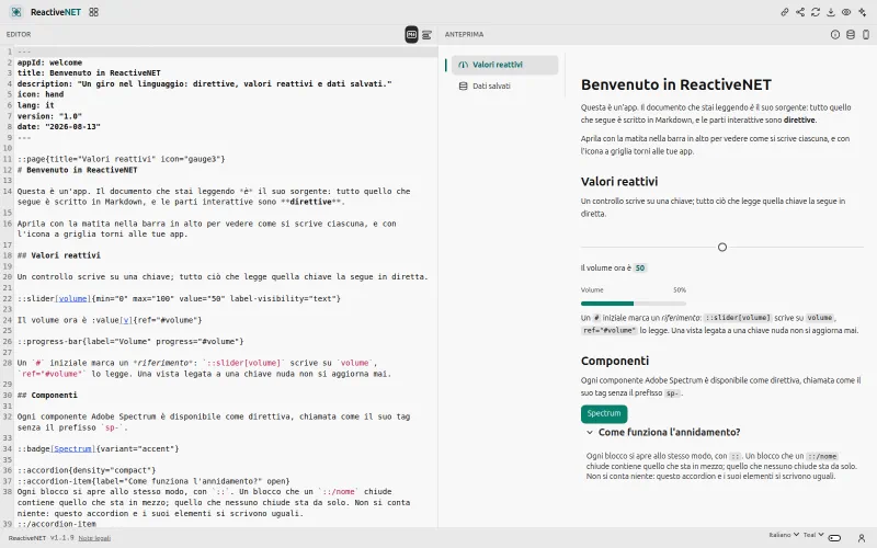 L’editor di ReactiveNET: a sinistra il sorgente Markdown del documento, a destra l’applicazione che ne risulta, con uno slider e i valori che lo seguono