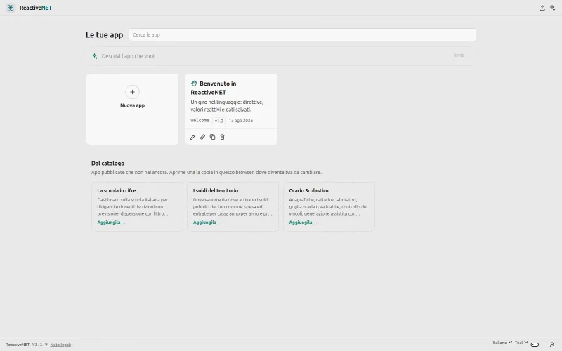 La galleria delle app del browser, con il campo per descrivere una nuova app e il catalogo delle app pubblicate