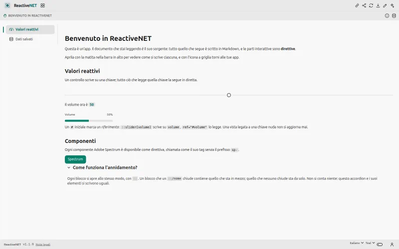 L’app aperta senza editor: menu delle pagine a sinistra, contenuto e controlli interattivi al centro